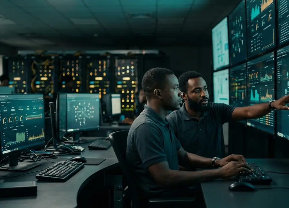 Getitgh engineers reviewing network monitoring dashboards