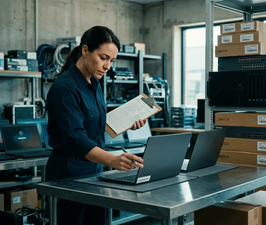 Business laptops and network equipment being checked in before delivery
